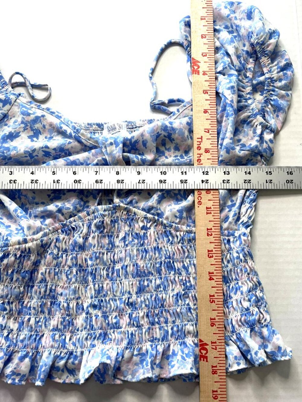 Smocked Crop Top sz L Ruffled Hem Puff Sleeve Floral Coquette Milkmaid Fairy Y2K - Picture 5 of 5